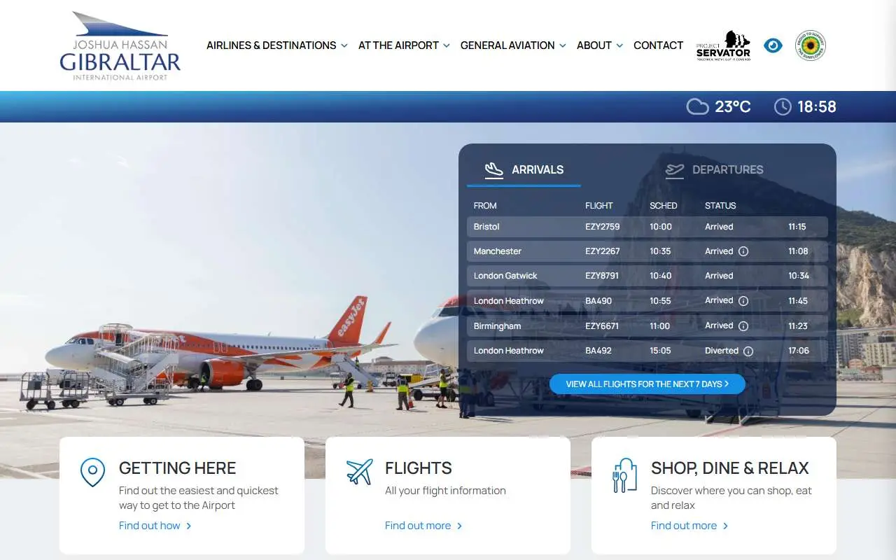 Tampilan website resmi Bandara Gibraltar (gibraltarairport.gi)