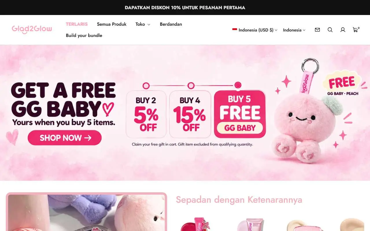 Tampilan website resmi Glad2Glow (glad2glow.com)