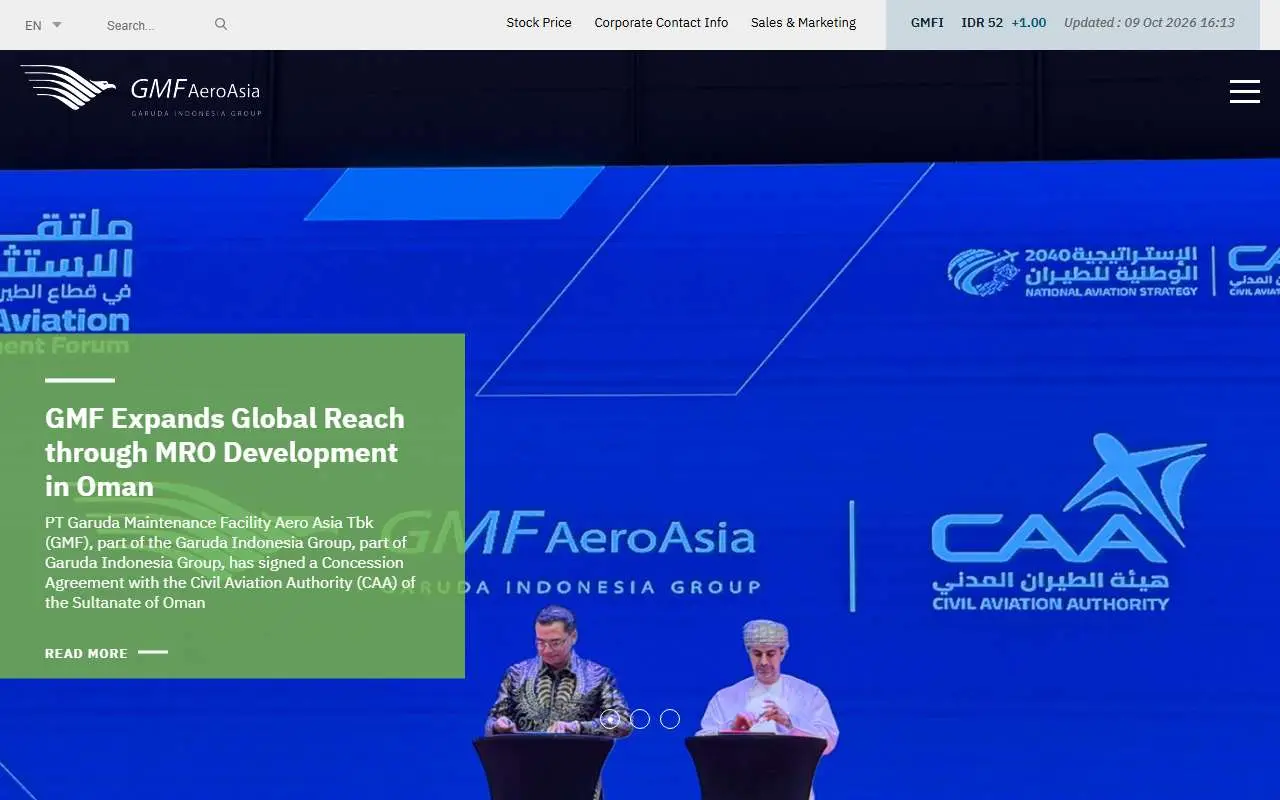 Tampilan website resmi Garuda Maintenance Facility Aero Asia (gmf-aeroasia.co.id)