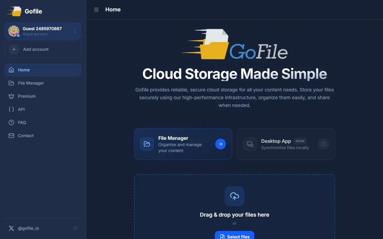 Tampilan website resmi Gofile (gofile.io)