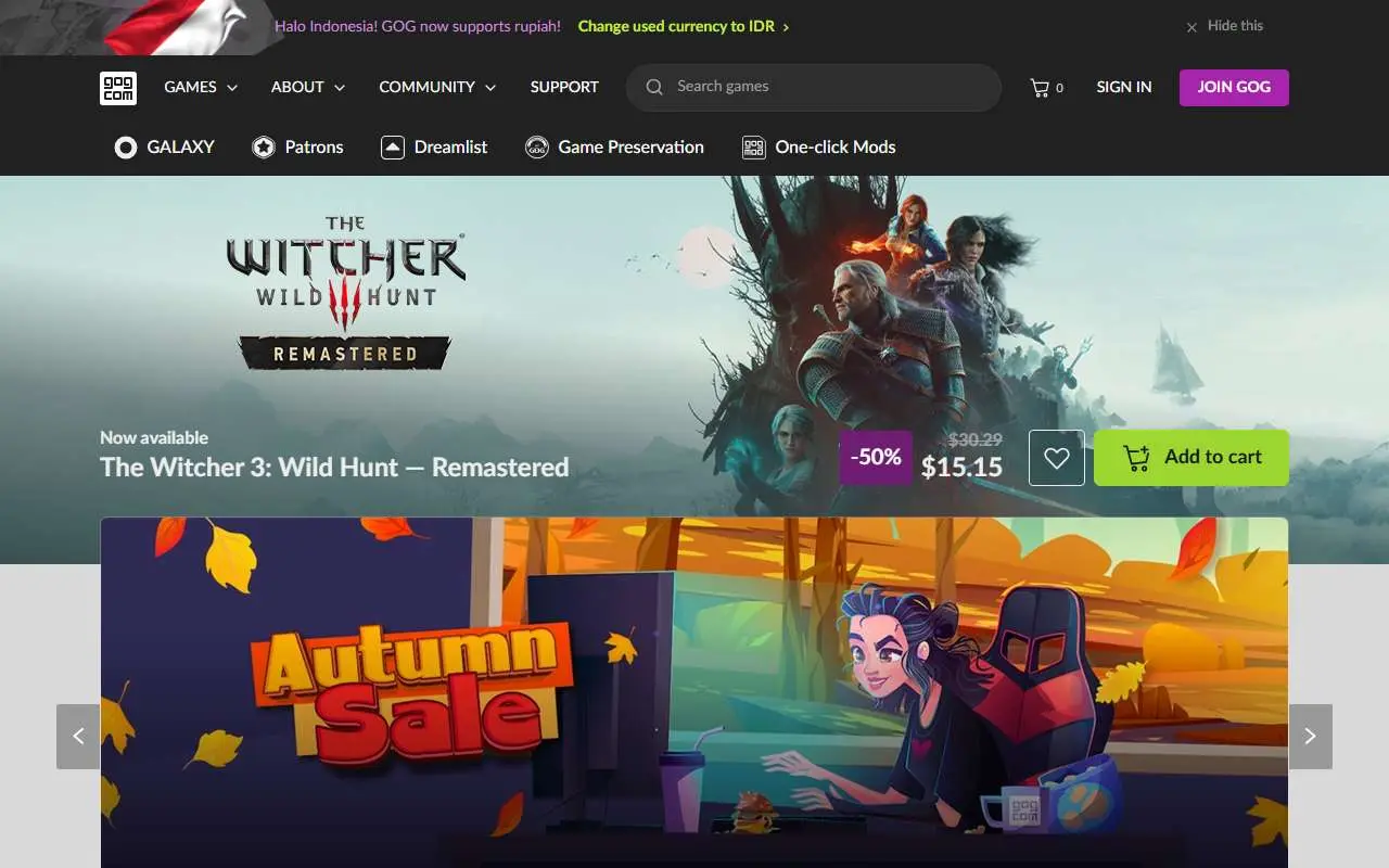 Tampilan website resmi GOG (gog.com)