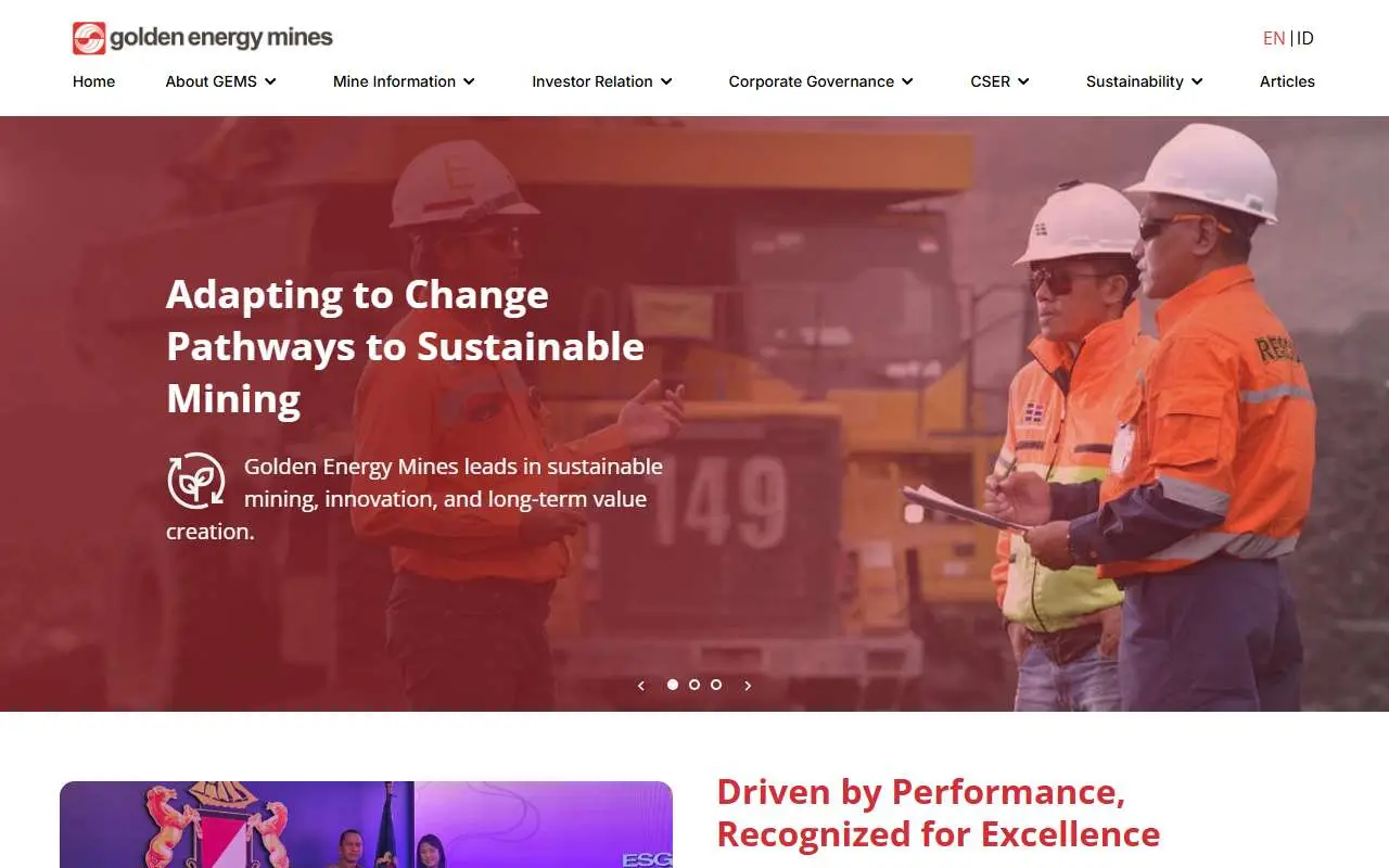 Tampilan website resmi Golden Energy Mines (goldenenergymines.com)