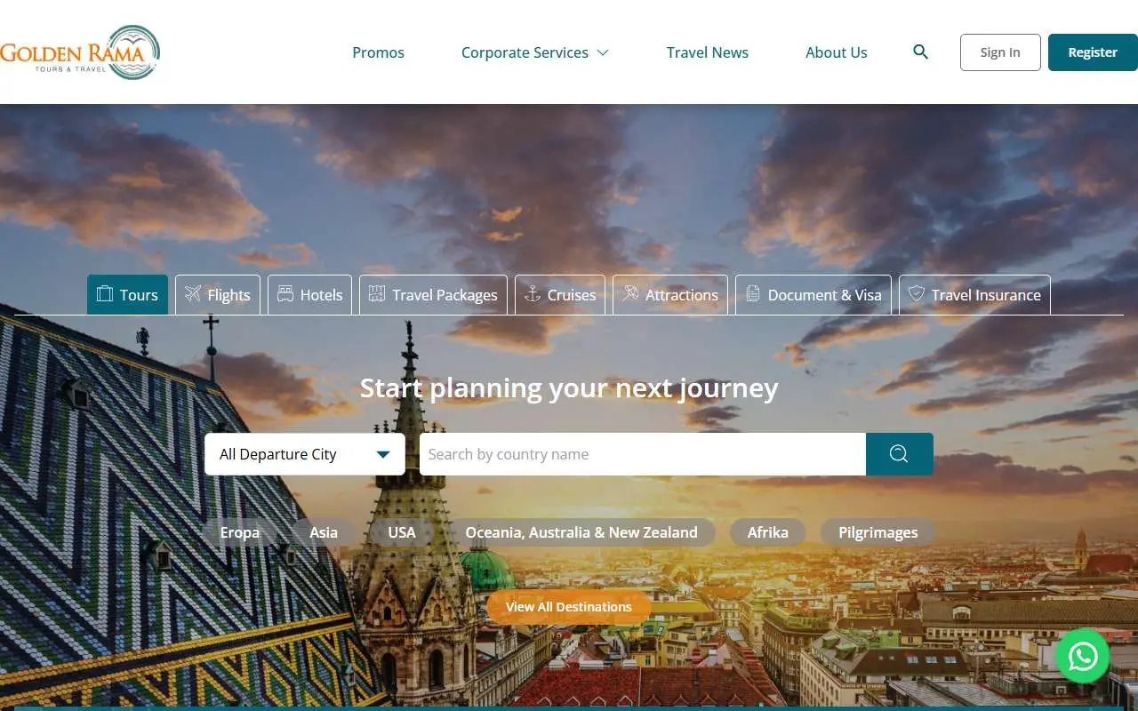 Tampilan website resmi Golden Rama Tours (goldenrama.com)