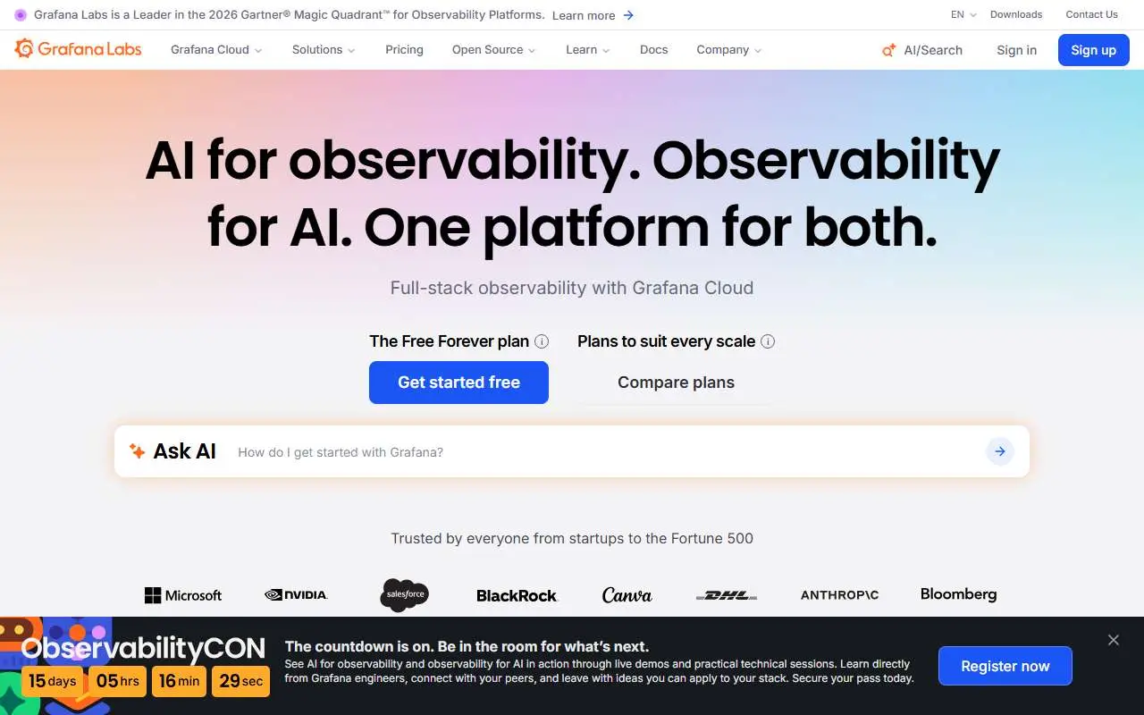 Tampilan website resmi Grafana (grafana.com)