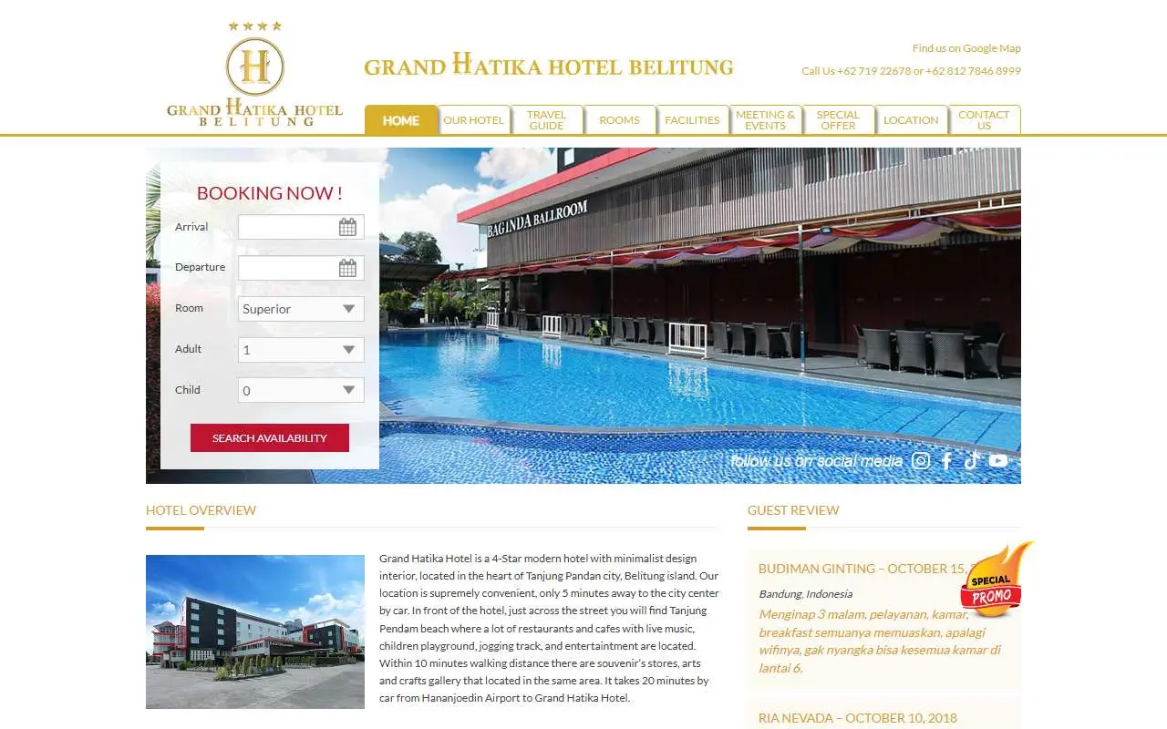Tampilan website resmi Grand Hatika Hotel Belitung (grandhatika.com)