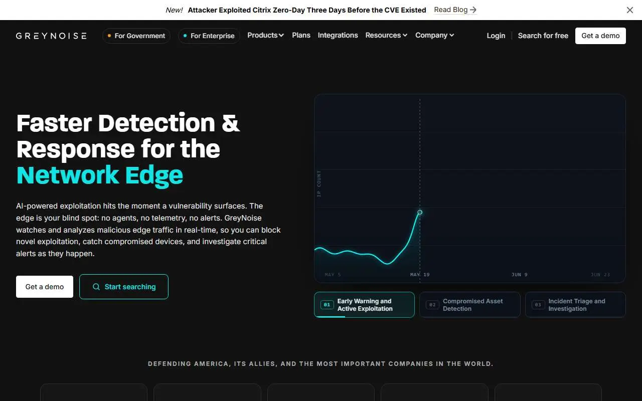 Tampilan website resmi GreyNoise (greynoise.io)