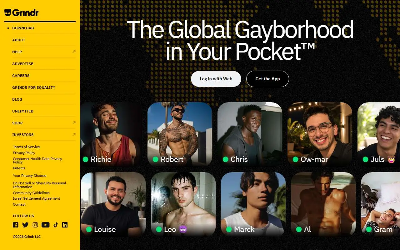 Tampilan website resmi Grindr (grindr.com)