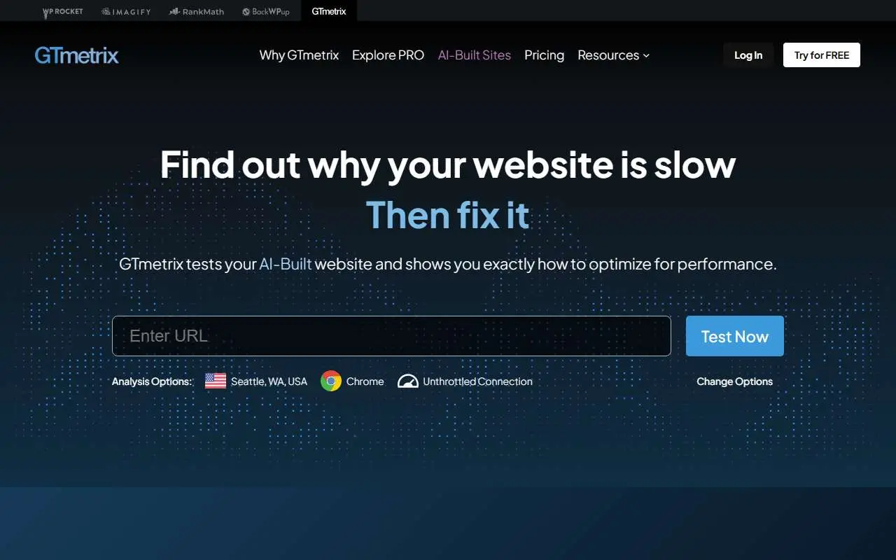 Tampilan website resmi GTmetrix (gtmetrix.com)