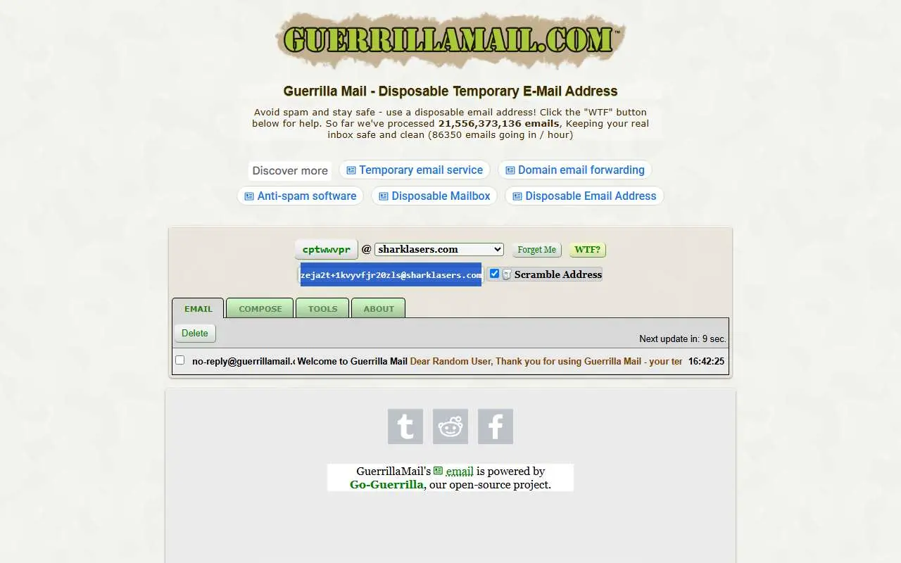 Tampilan website resmi Guerrilla Mail (guerrillamail.com)