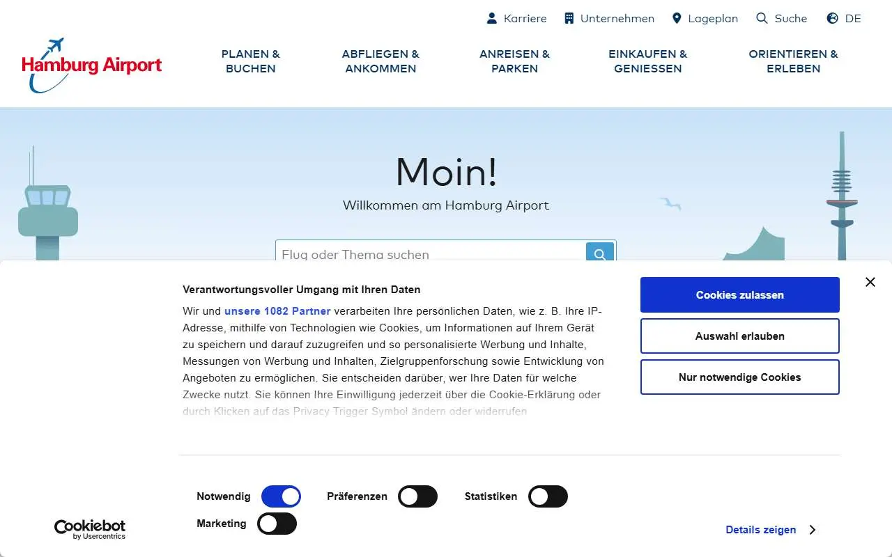 Tampilan website resmi Bandara Internasional Hamburg (hamburg-airport.de)
