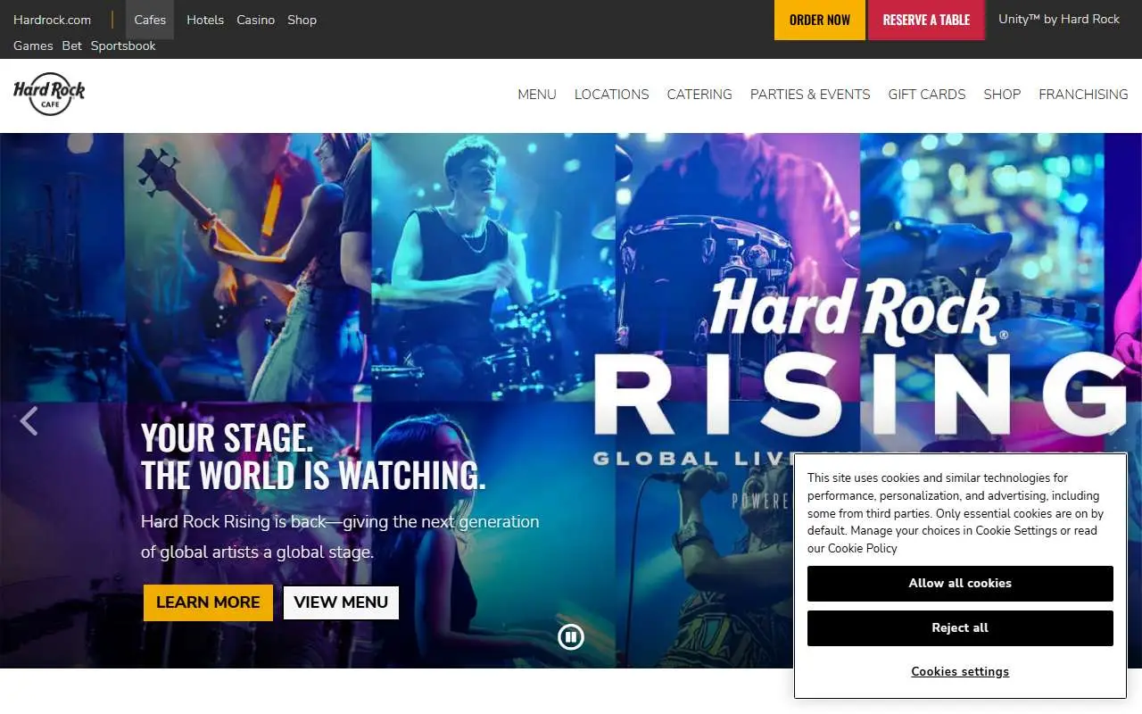 Tampilan website resmi Hard Rock Cafe (cafe.hardrock.com)