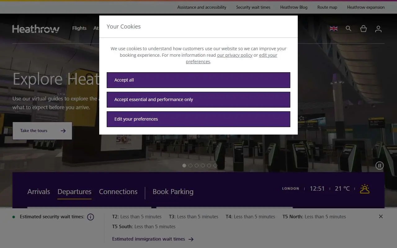Tampilan website resmi Heathrow Airport (heathrow.com)