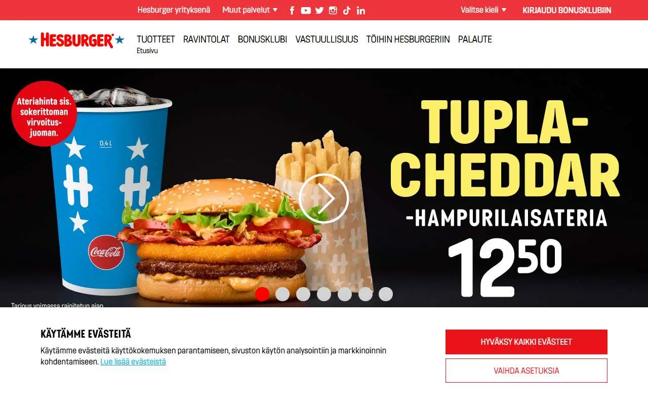 Tampilan website resmi Hesburger (hesburger.fi)