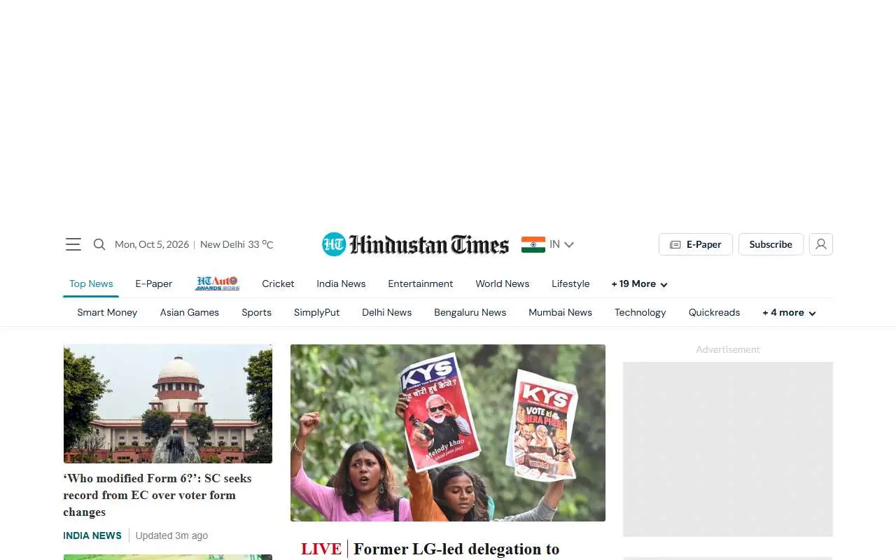 Tampilan website resmi Hindustan Times (hindustantimes.com)