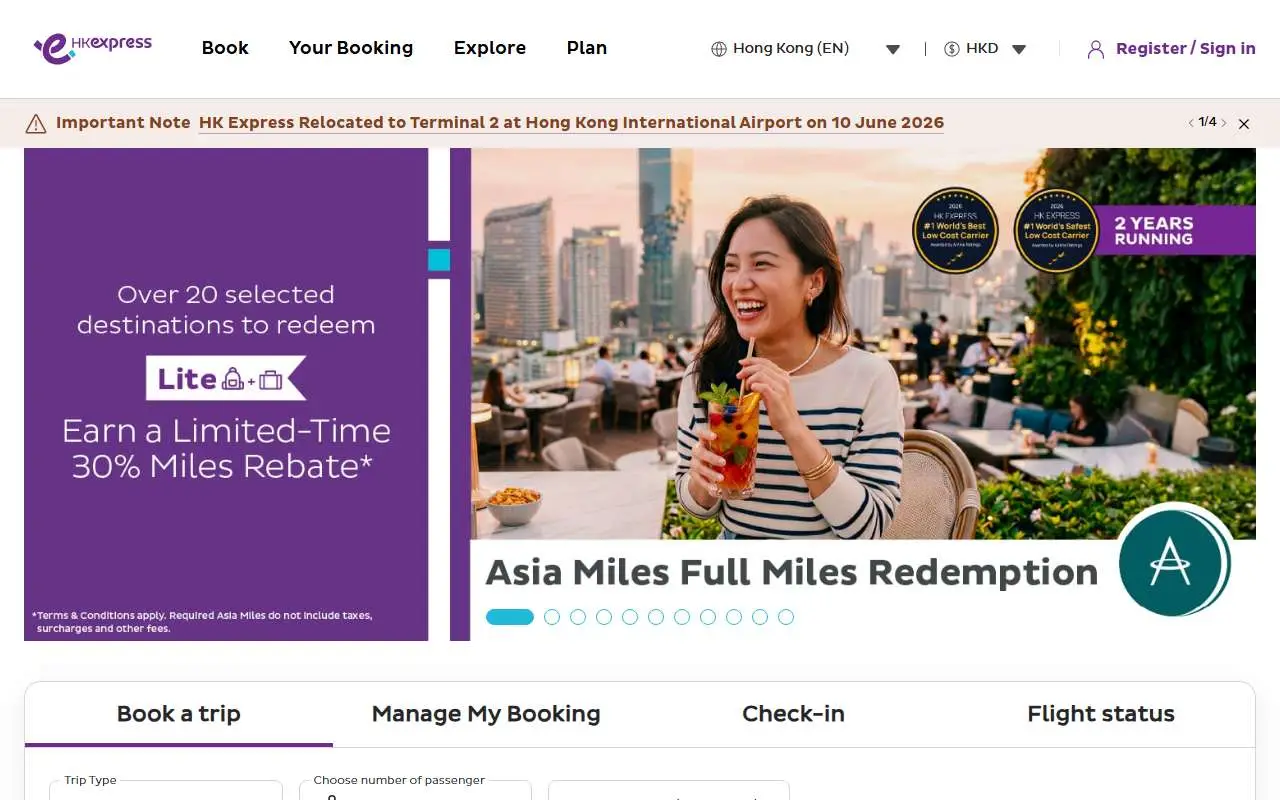 Tampilan website resmi Hong Kong Express Airways (hkexpress.com)