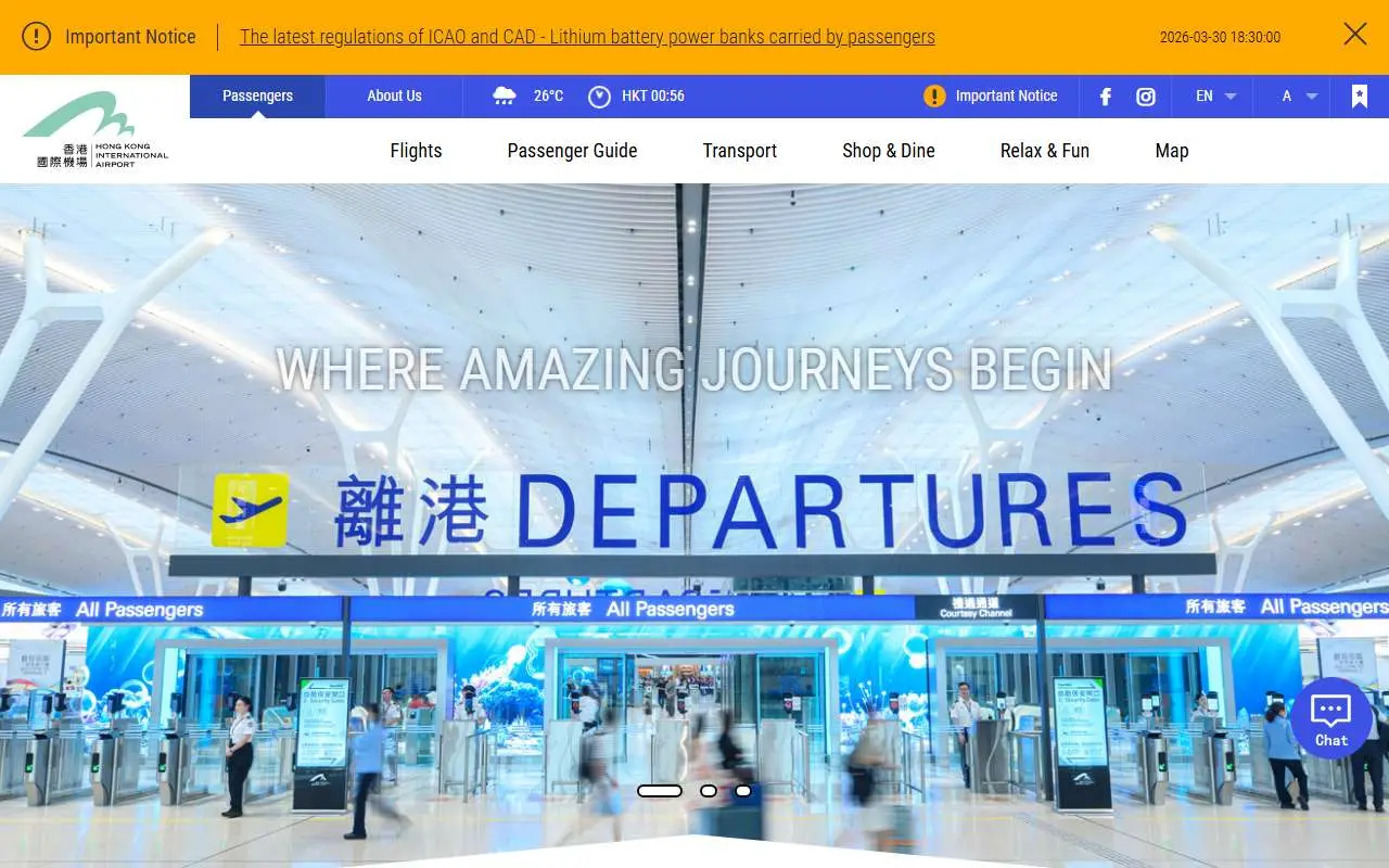 Tampilan website resmi Bandara Internasional Hong Kong (hongkongairport.com)