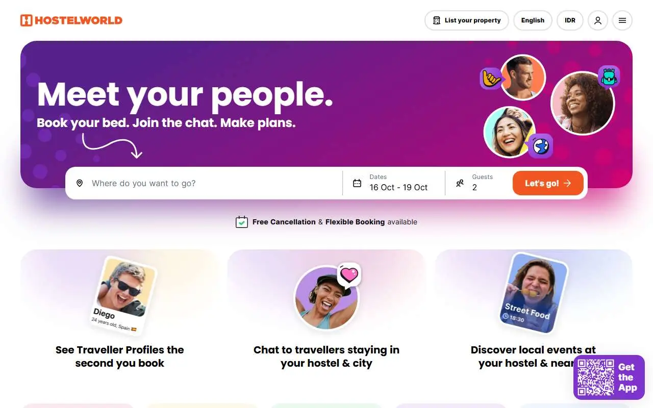 Tampilan website resmi Hostelworld (hostelworld.com)