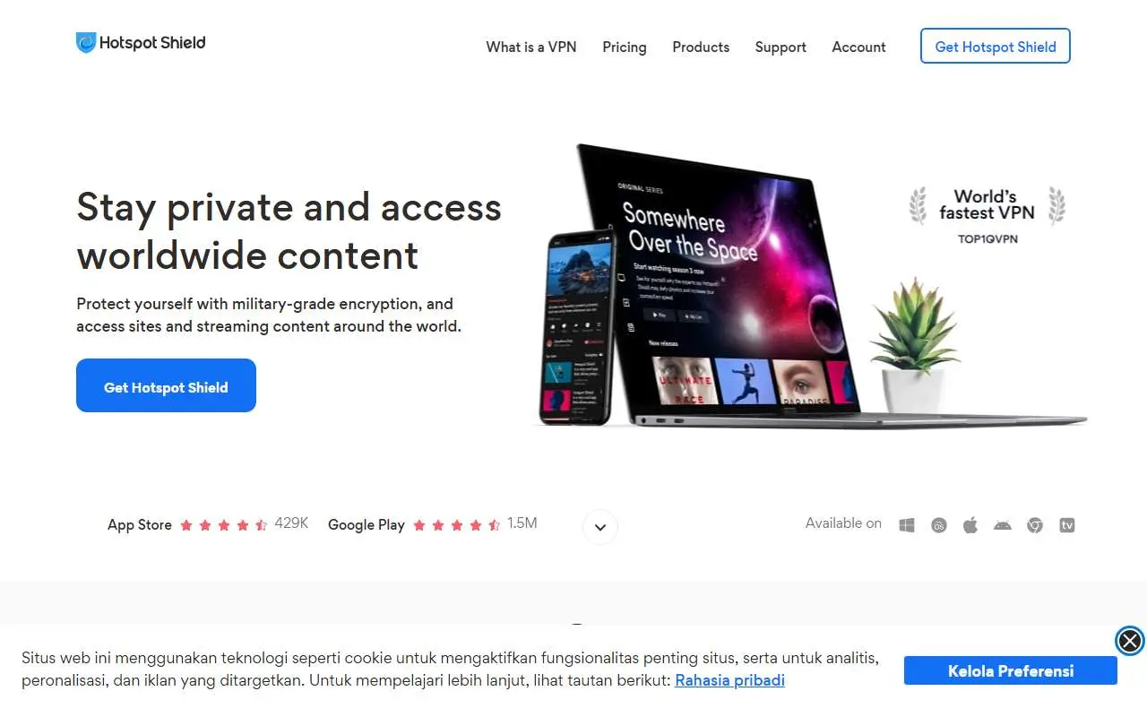 Tampilan website resmi Hotspot Shield (hotspotshield.com)