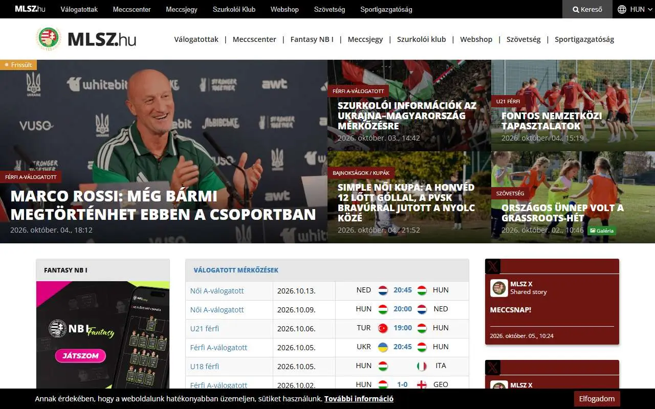 Tampilan website resmi Tim nasional sepak bola Hongaria (mlsz.hu)