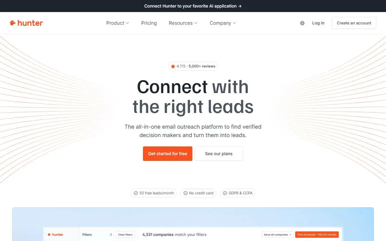 Tampilan website resmi Hunter (hunter.io)