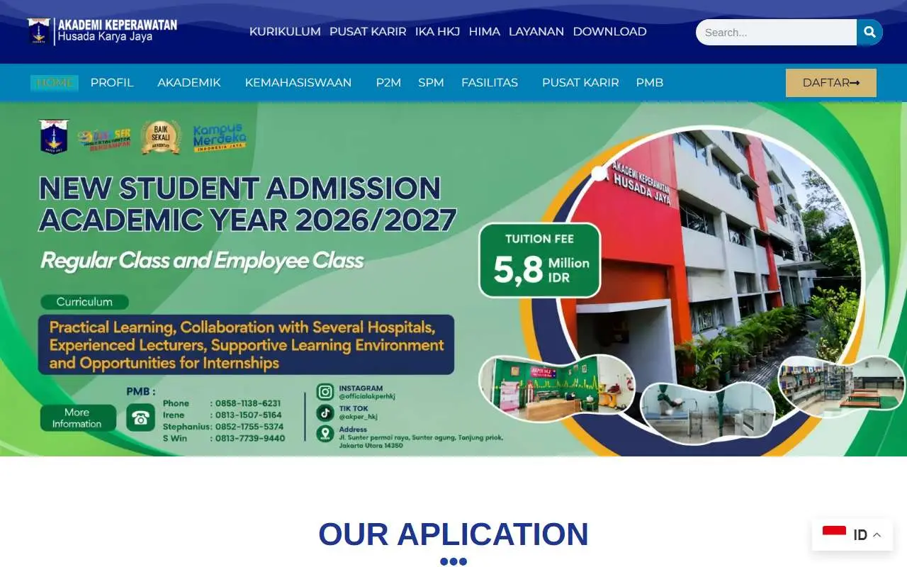 Tampilan website resmi Akademi Keperawatan Husada Karya Jaya (husadakaryajaya.ac.id)