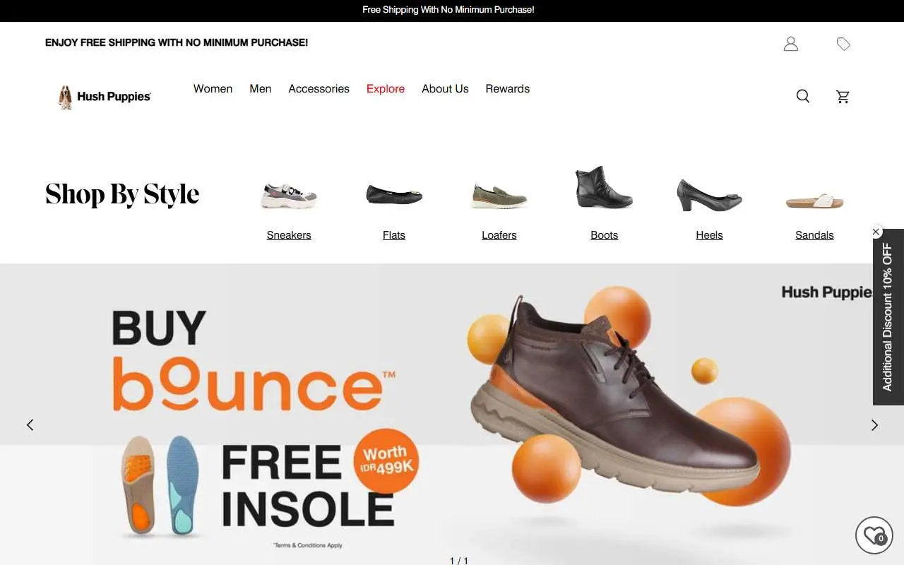 Tampilan website resmi Hush Puppies Indonesia (hushpuppies.co.id)