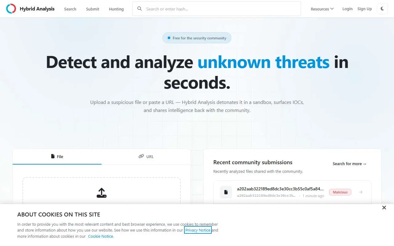Tampilan website resmi Hybrid Analysis (hybrid-analysis.com)