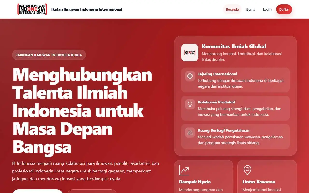 Tampilan website resmi Ikatan Ilmuwan Indonesia Internasional (i4indonesia.org)
