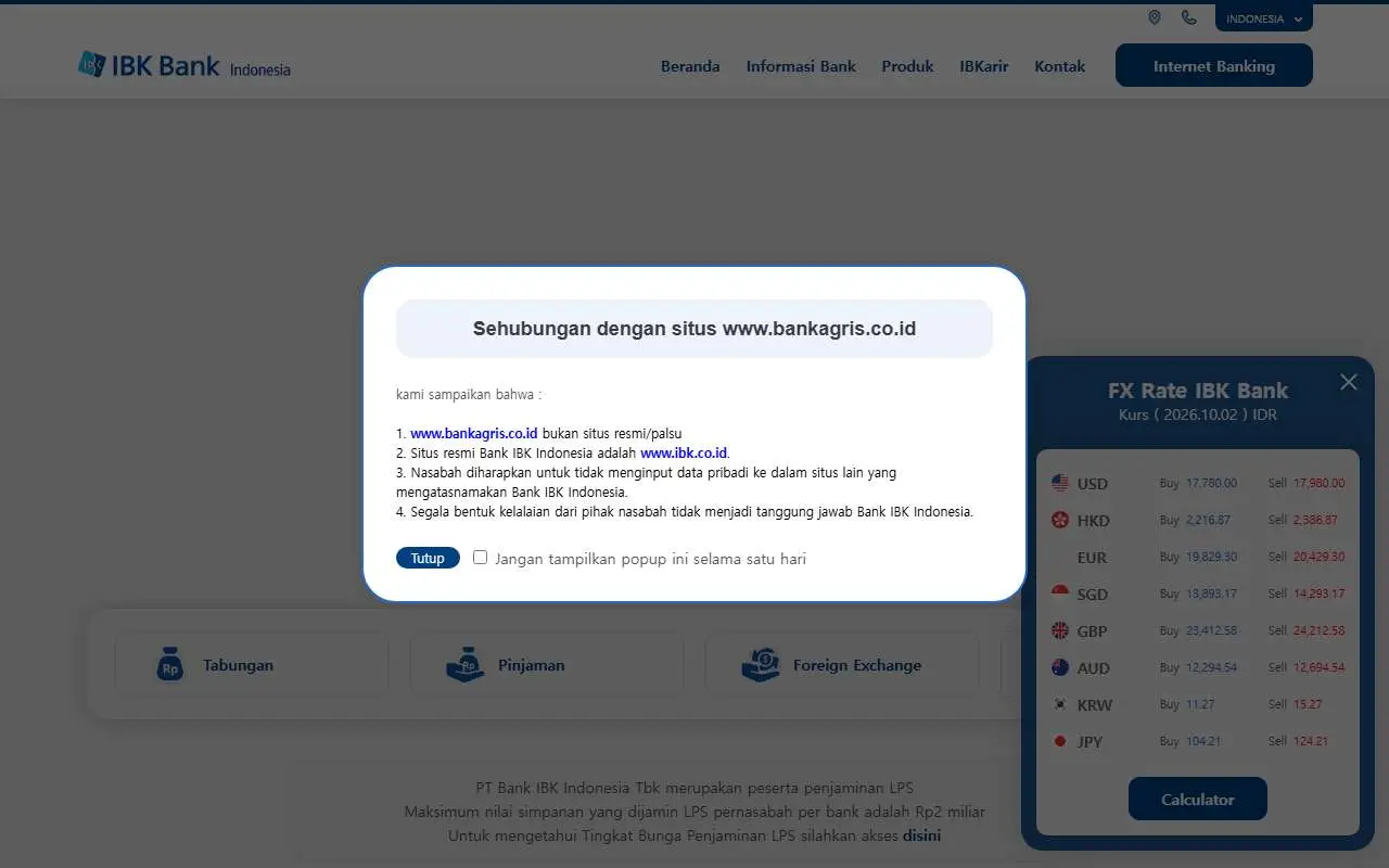 Tampilan website resmi Bank IBK Indonesia (ibk.co.id)