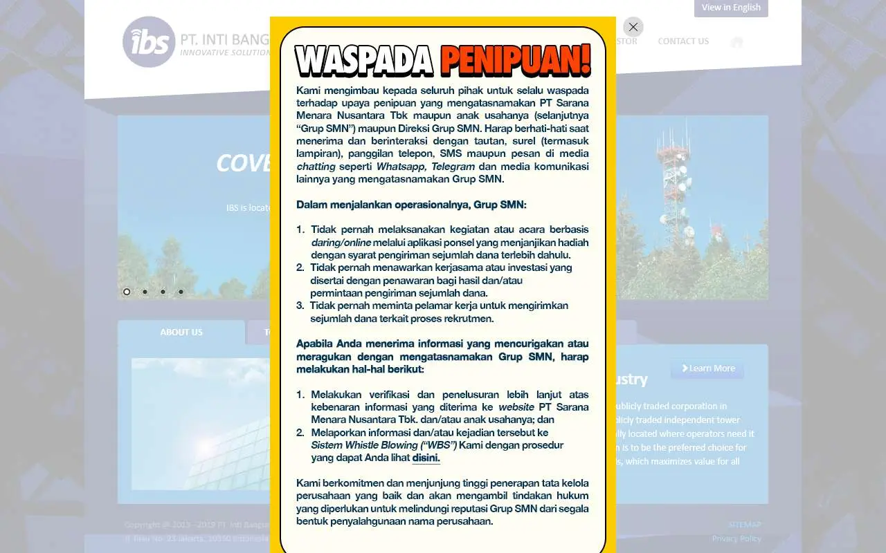 Tampilan website resmi Inti Bangun Sejahtera (ibstower.com)