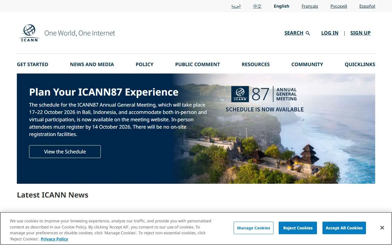 Tampilan website resmi ICANN (icann.org)