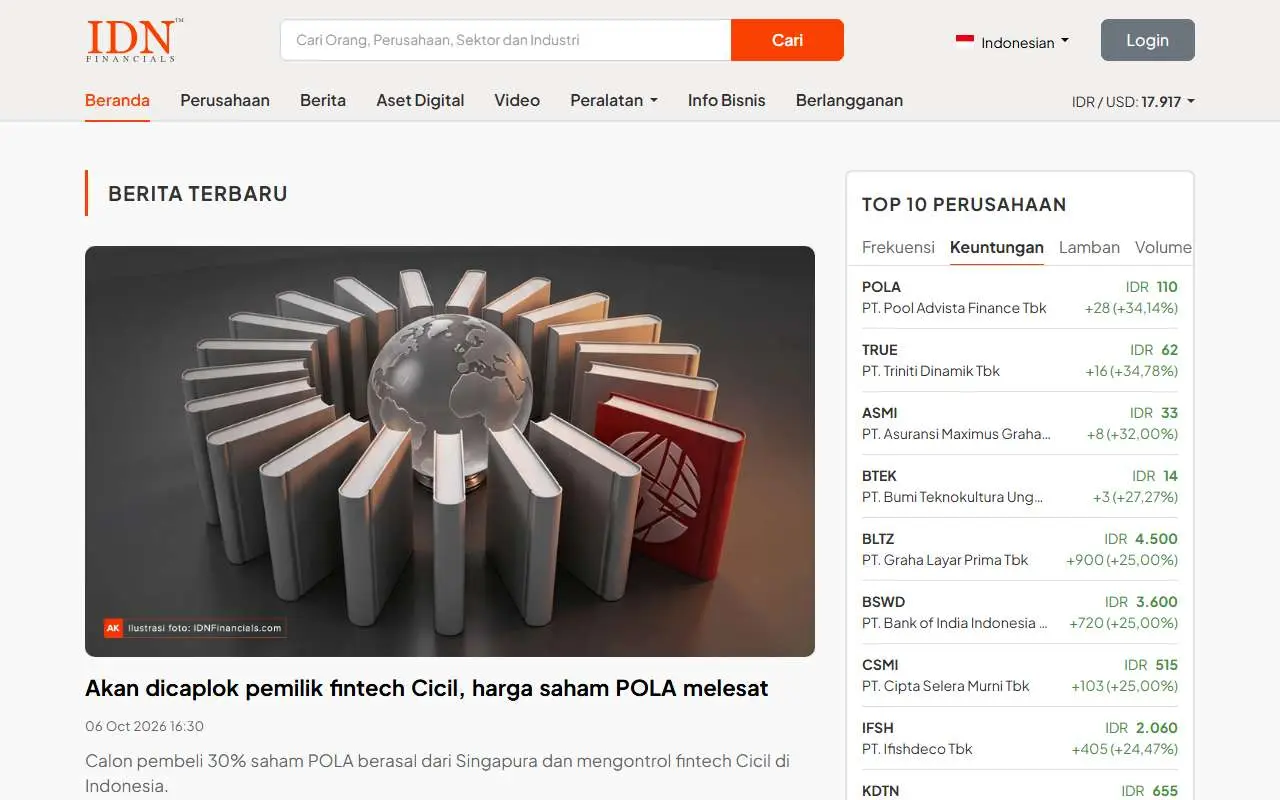 Tampilan website resmi IDNFinancials (idnfinancials.com)