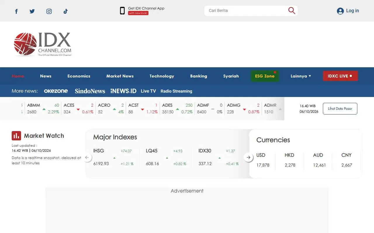 Tampilan website resmi IDX Channel (idxchannel.com)