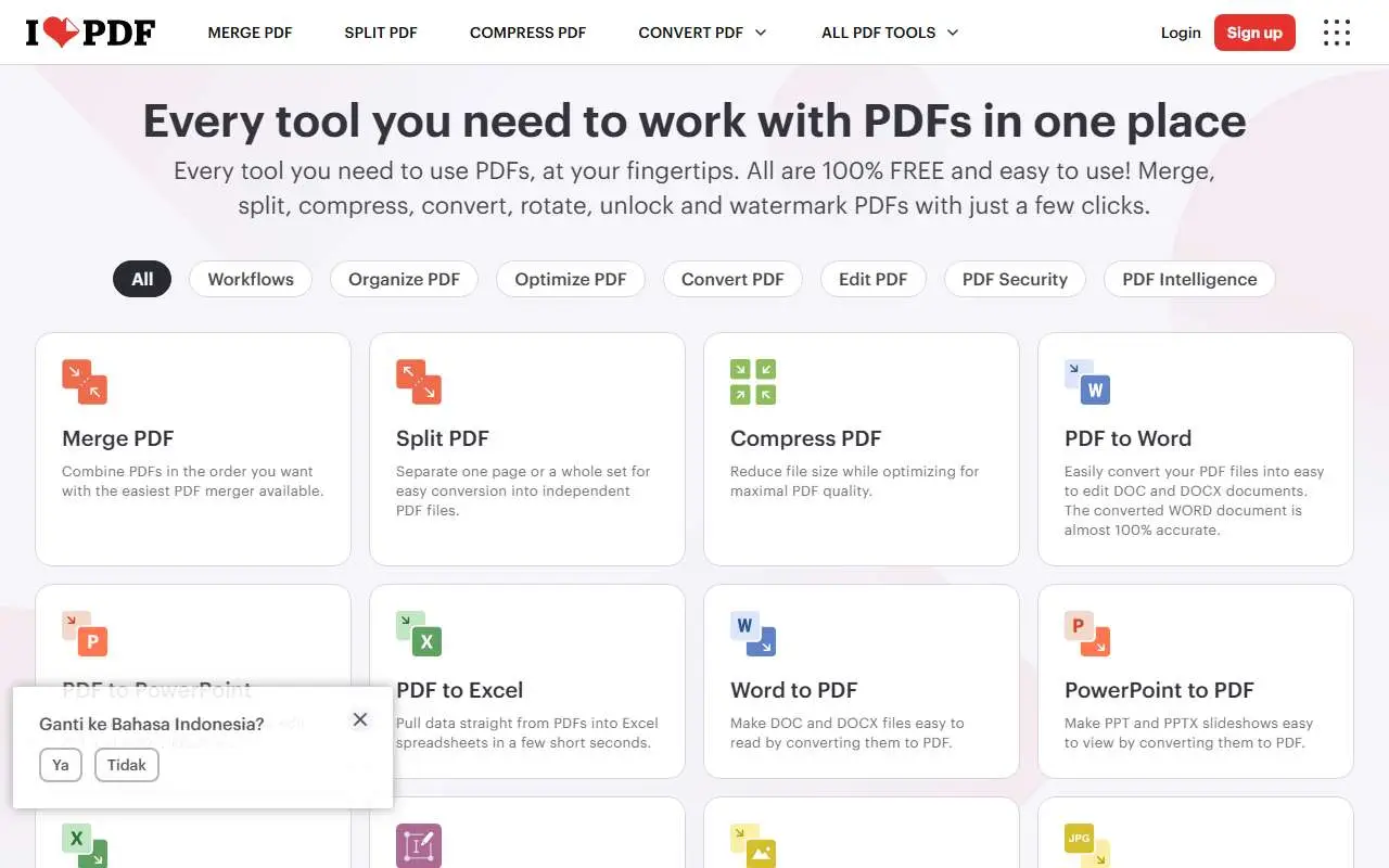 Tampilan website resmi iLovePDF (ilovepdf.com)