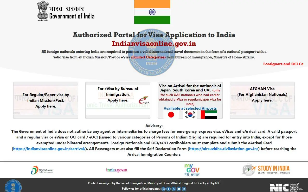 Tampilan website resmi Indian e-Visa (indianvisaonline.gov.in)