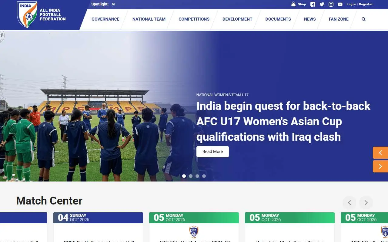 Tampilan website resmi Tim nasional sepak bola India (the-aiff.com)