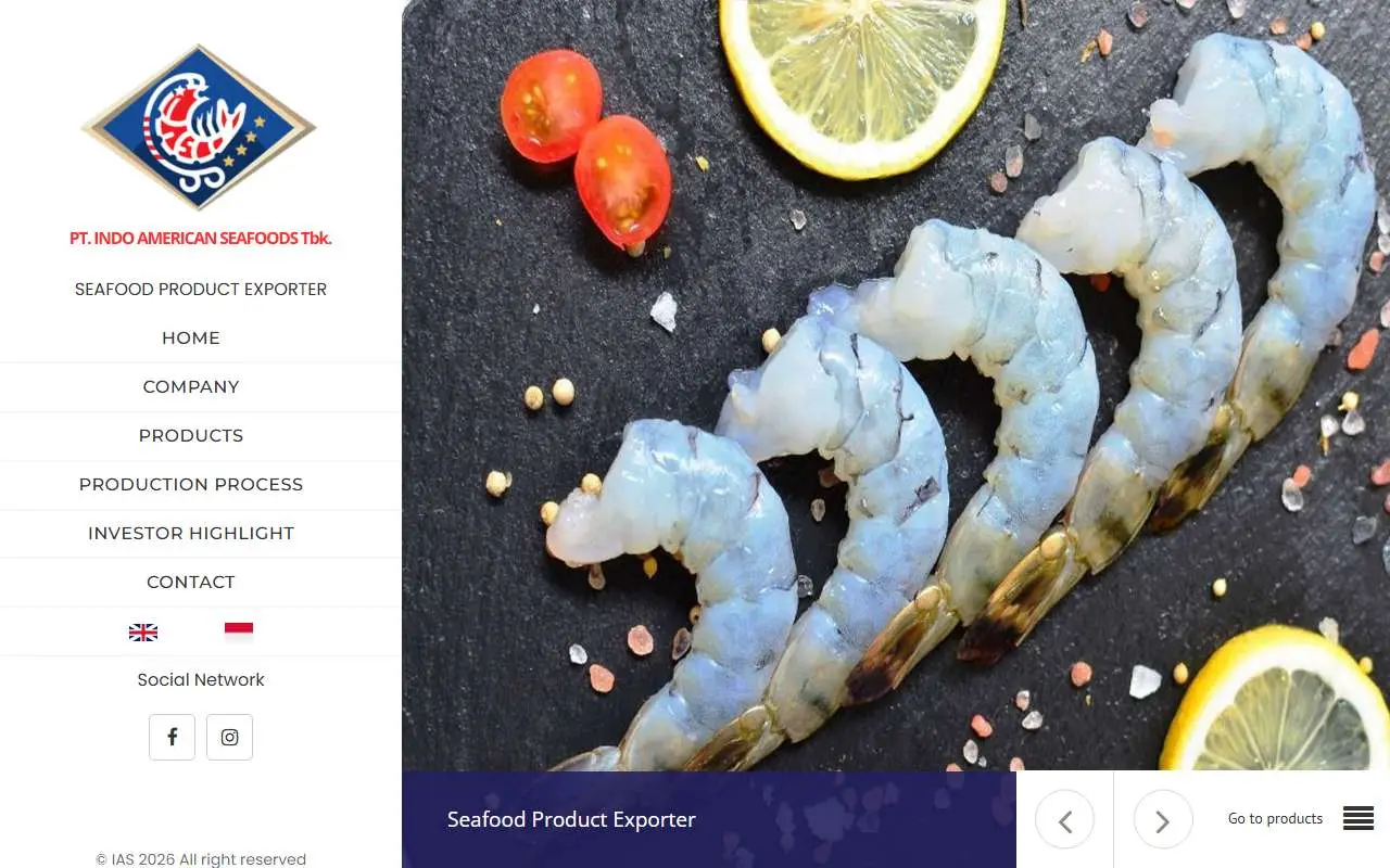 Tampilan website resmi Indo American Seafoods (indoamericanseafoods.com)