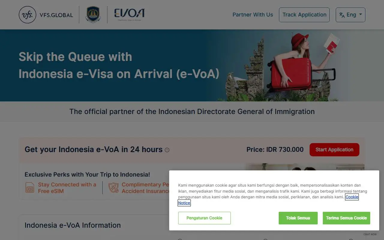 Tampilan website resmi Indonesia e-VoA (VFS Global) (indonesiavoa.vfsevisa.id)