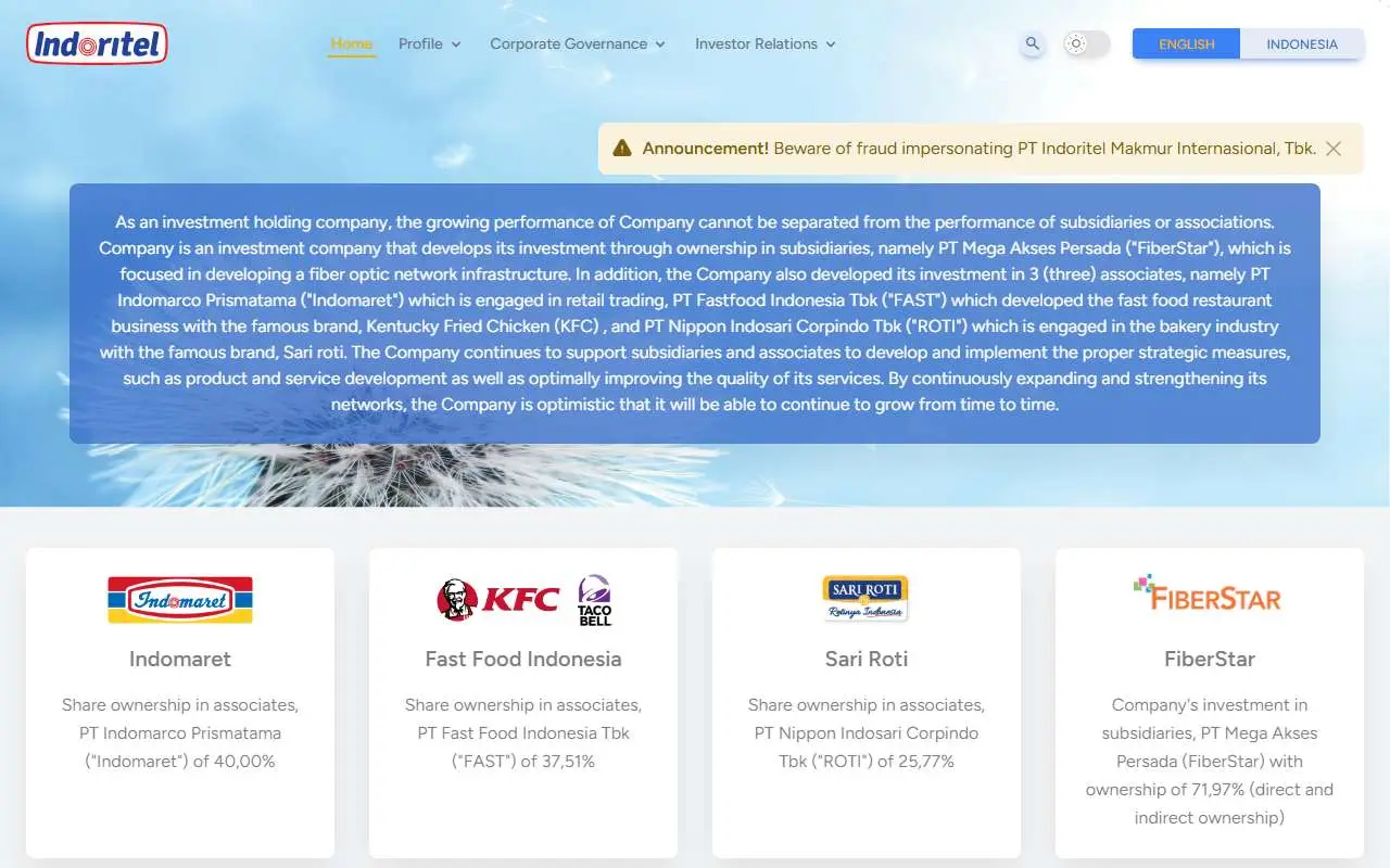 Tampilan website resmi Indoritel Makmur Internasional (indoritel.co.id)