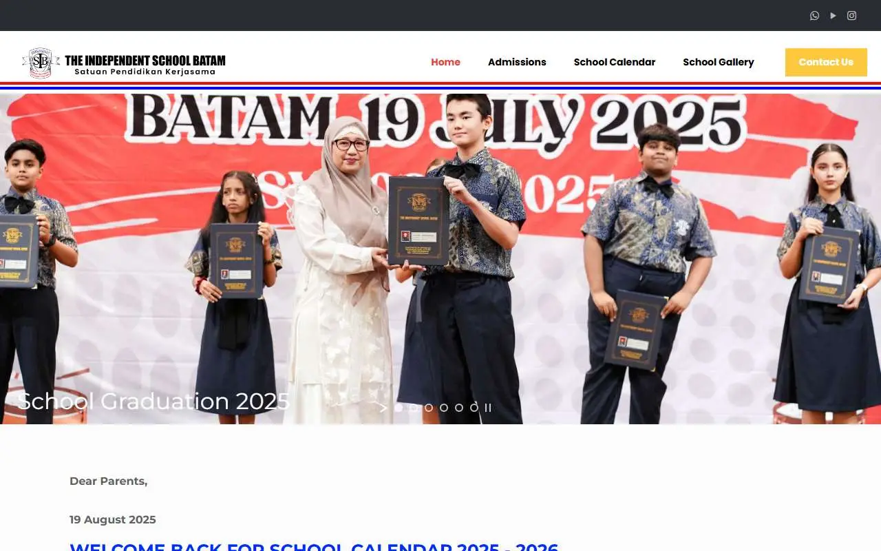 Tampilan website resmi Independent School Batam (internationalschoolbatam.com)
