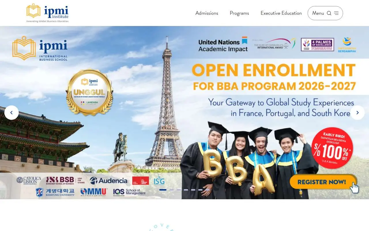 Tampilan website resmi Sekolah Tinggi Manajemen Ipmi (ipmi.ac.id)