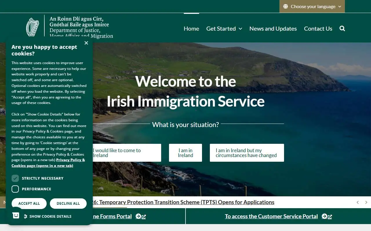 Tampilan website resmi Imigrasi Irlandia (irishimmigration.ie)