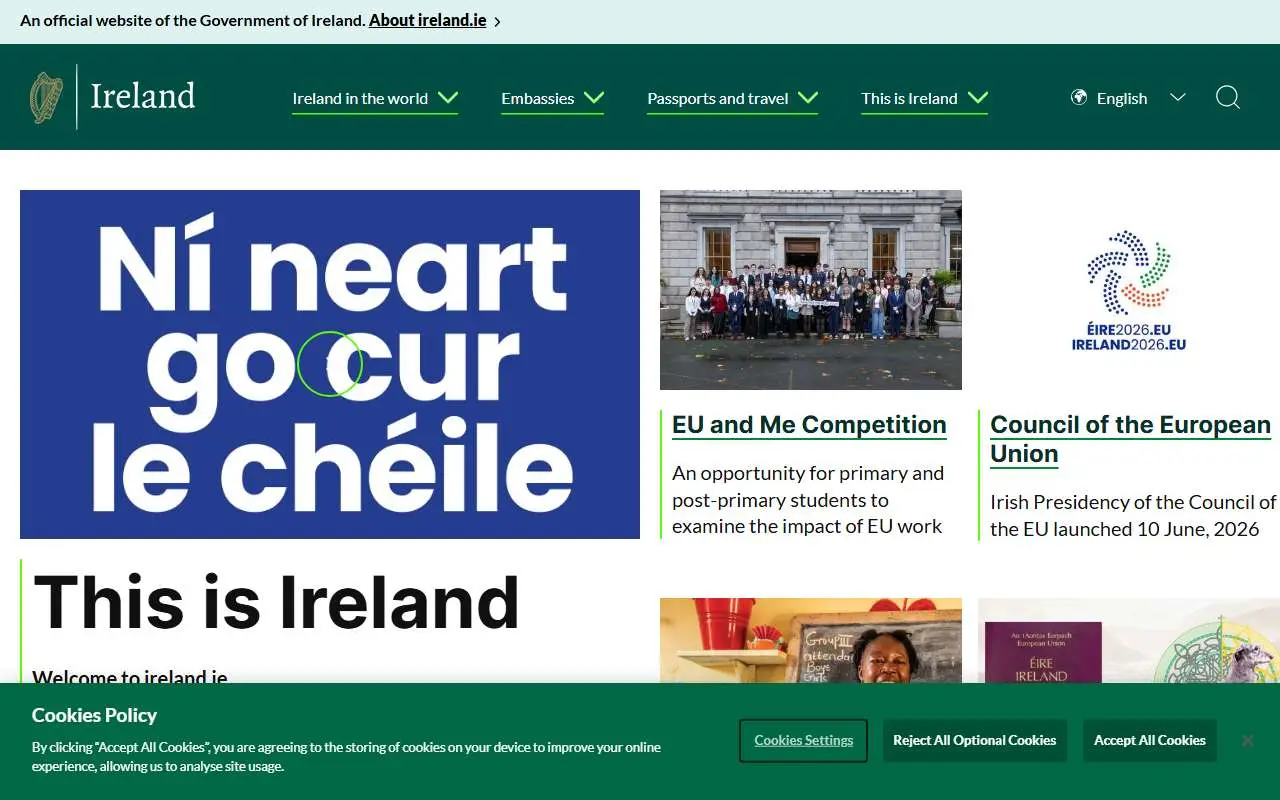 Tampilan website resmi embassy of Ireland in Indonesia (ireland.ie)