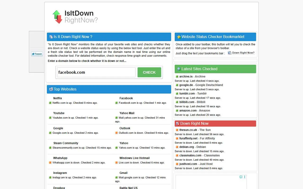 Tampilan website resmi IsItDownRightNow (isitdownrightnow.com)