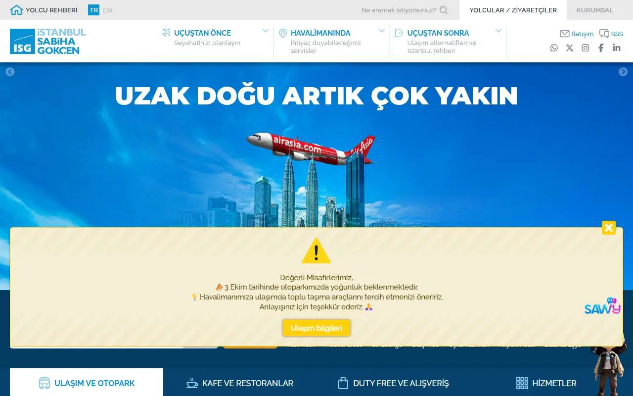 Tampilan website resmi Bandara Internasional Sabiha Gökçen (sabihagokcen.aero)