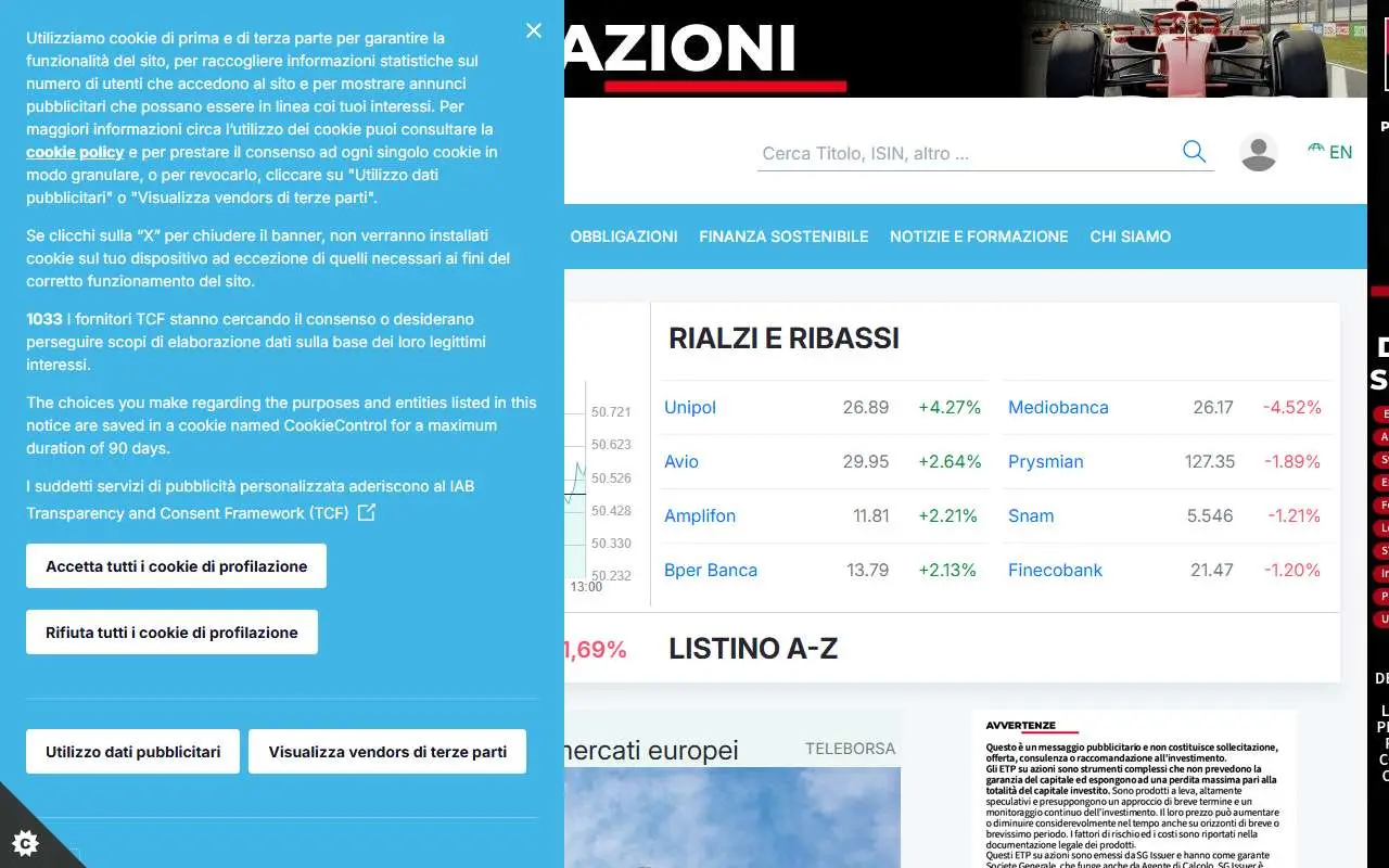 Tampilan website resmi Bursa Efek Italia (borsaitaliana.it)