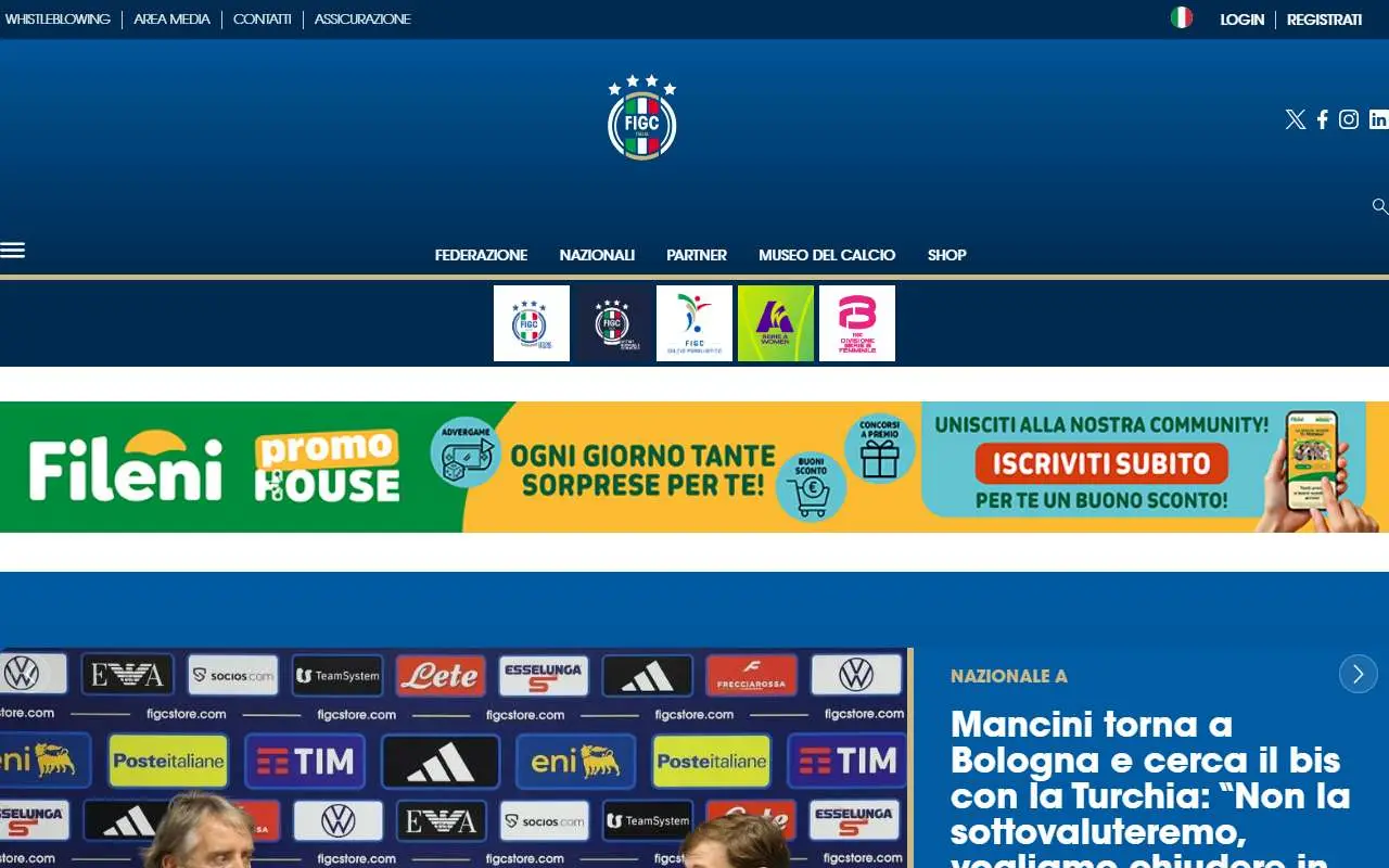 Tampilan website resmi Tim nasional sepak bola Italia (figc.it)