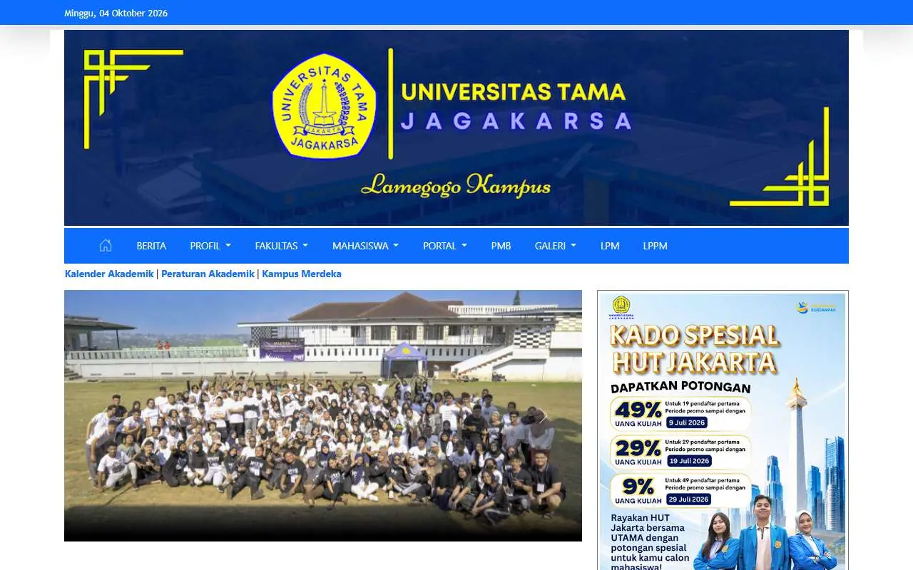 Tampilan website resmi Universitas Tama Jagakarsa (jagakarsa.ac.id)