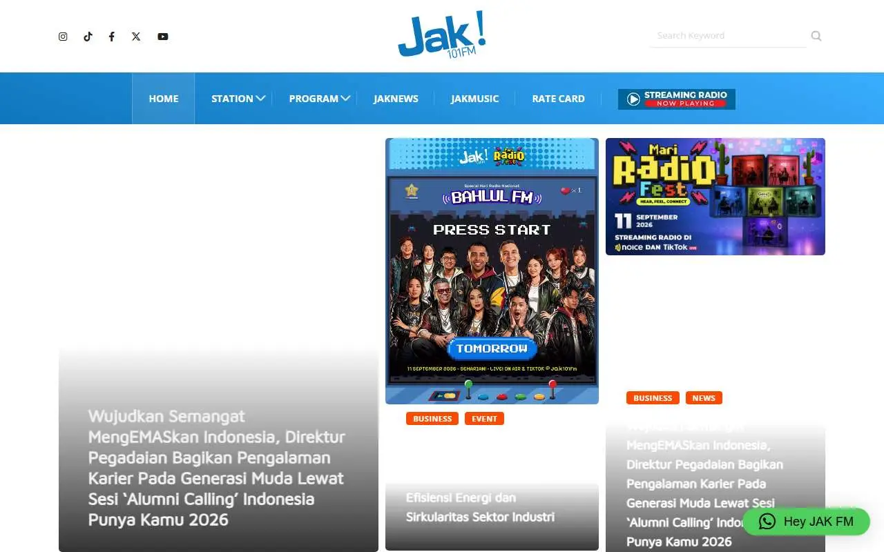 Tampilan website resmi Jak 101 FM (jak101fm.com)