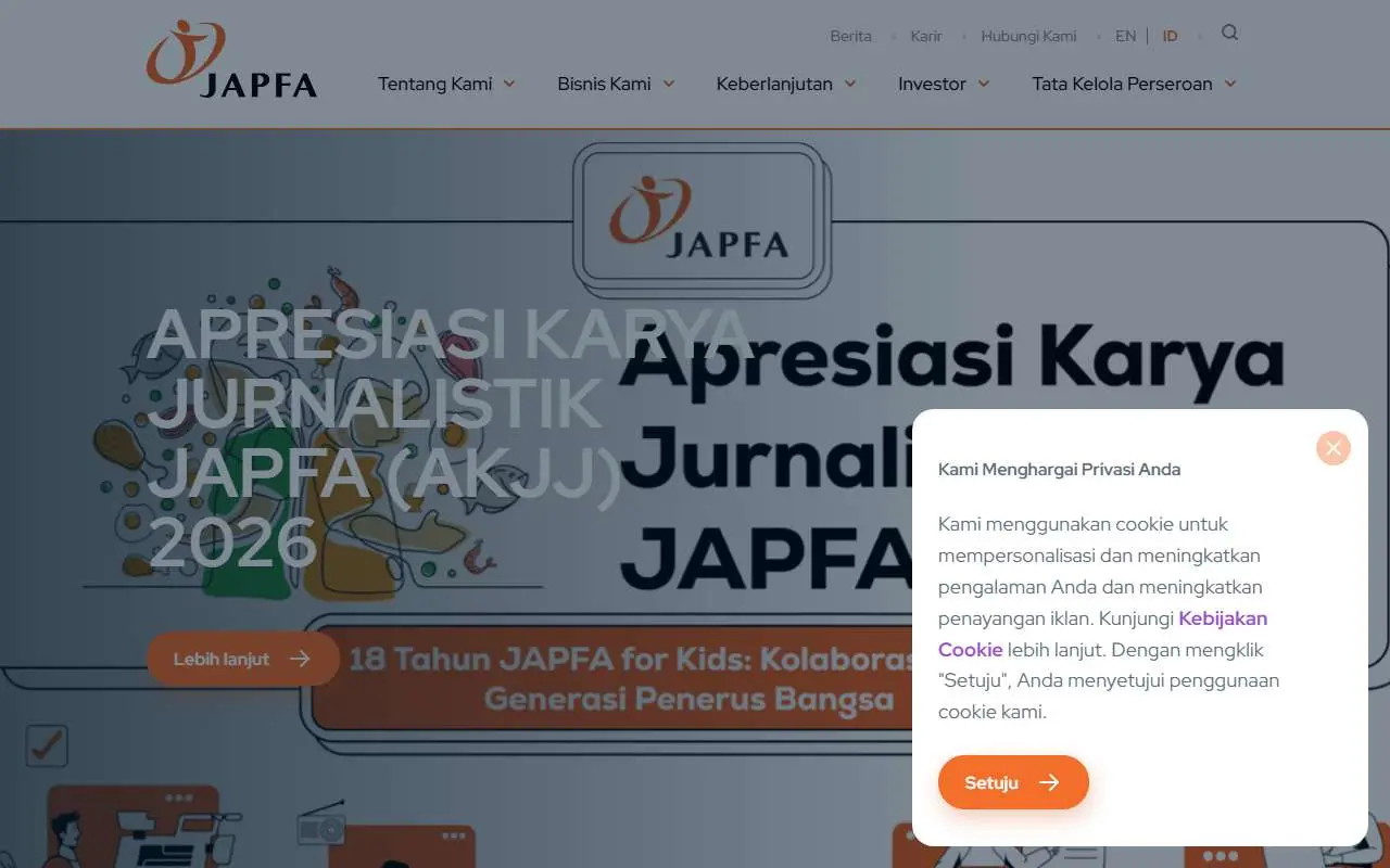 Tampilan website resmi JAPFA Comfeed Indonesia (japfacomfeed.co.id)